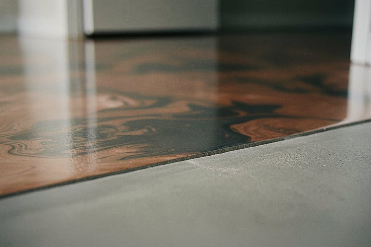 Metallic epoxy floor meets a bare concrete border.