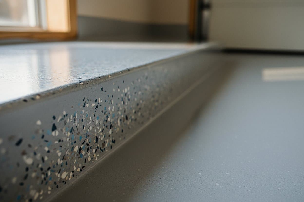 Polyaspartic rolled over a garage step edge over flake.