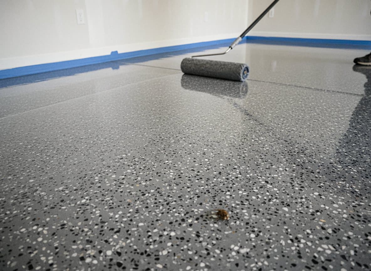 Roller laying clear polyaspartic over cured charcoal flake base.