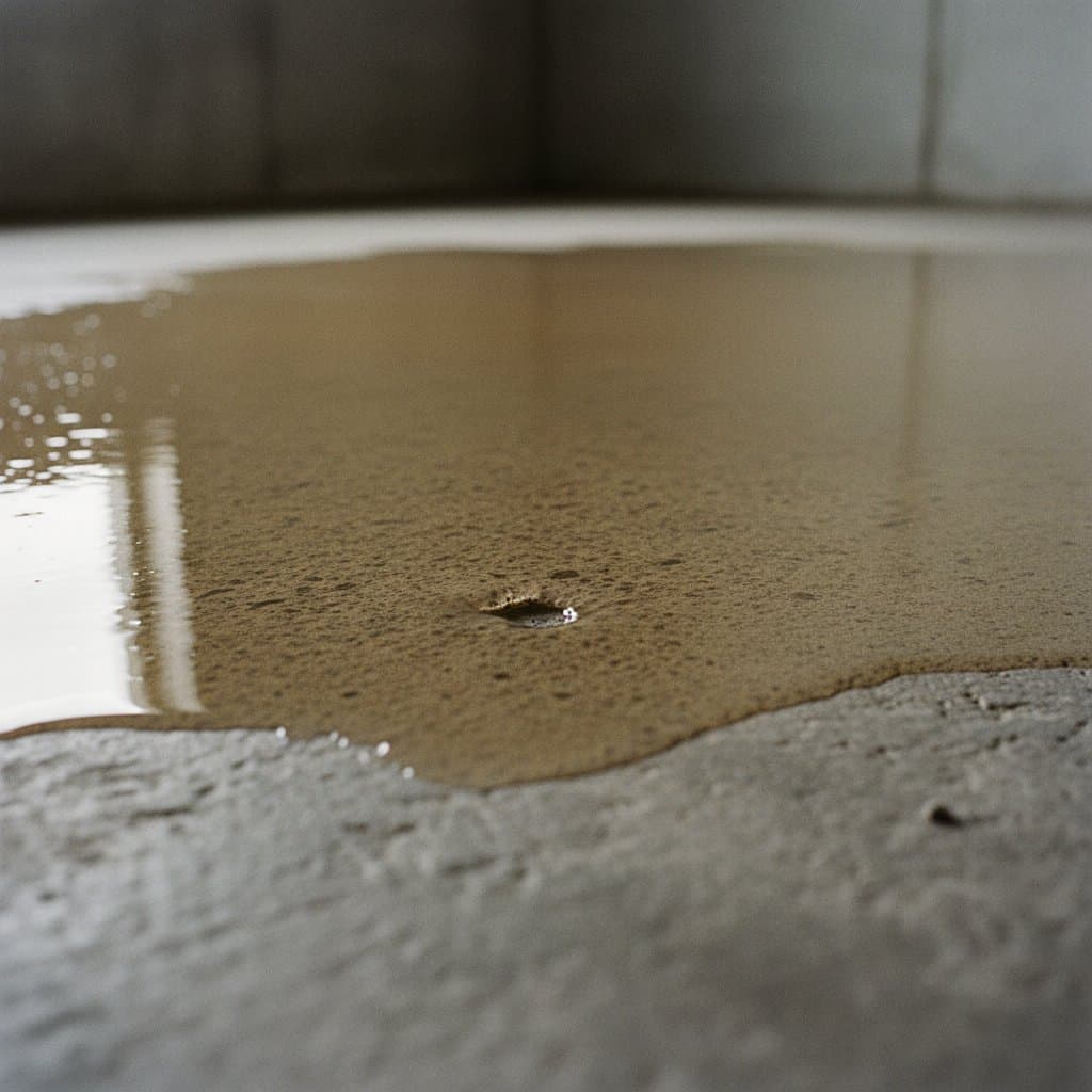 Macro of vapor-mitigating primer curing on basement concrete.