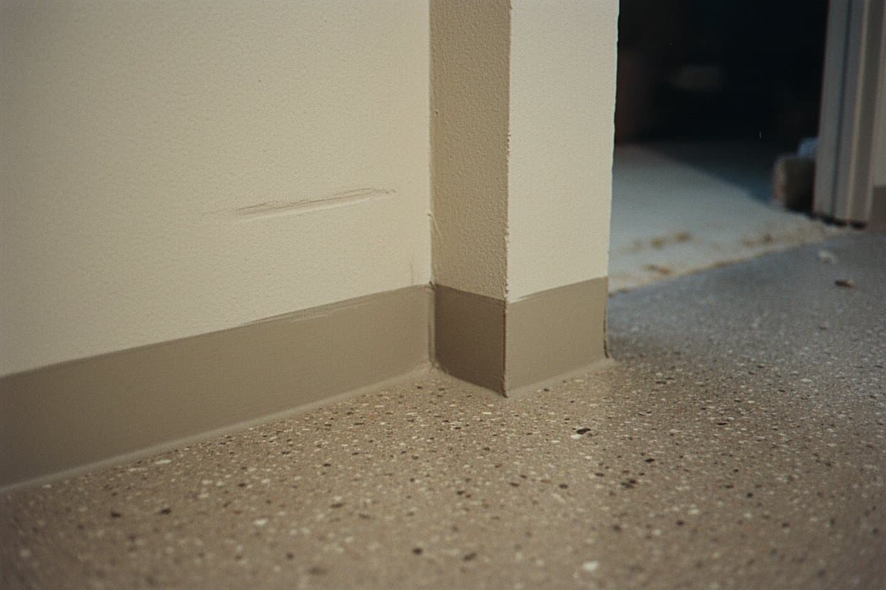 Coved corner where flake floor meets painted basement wall.