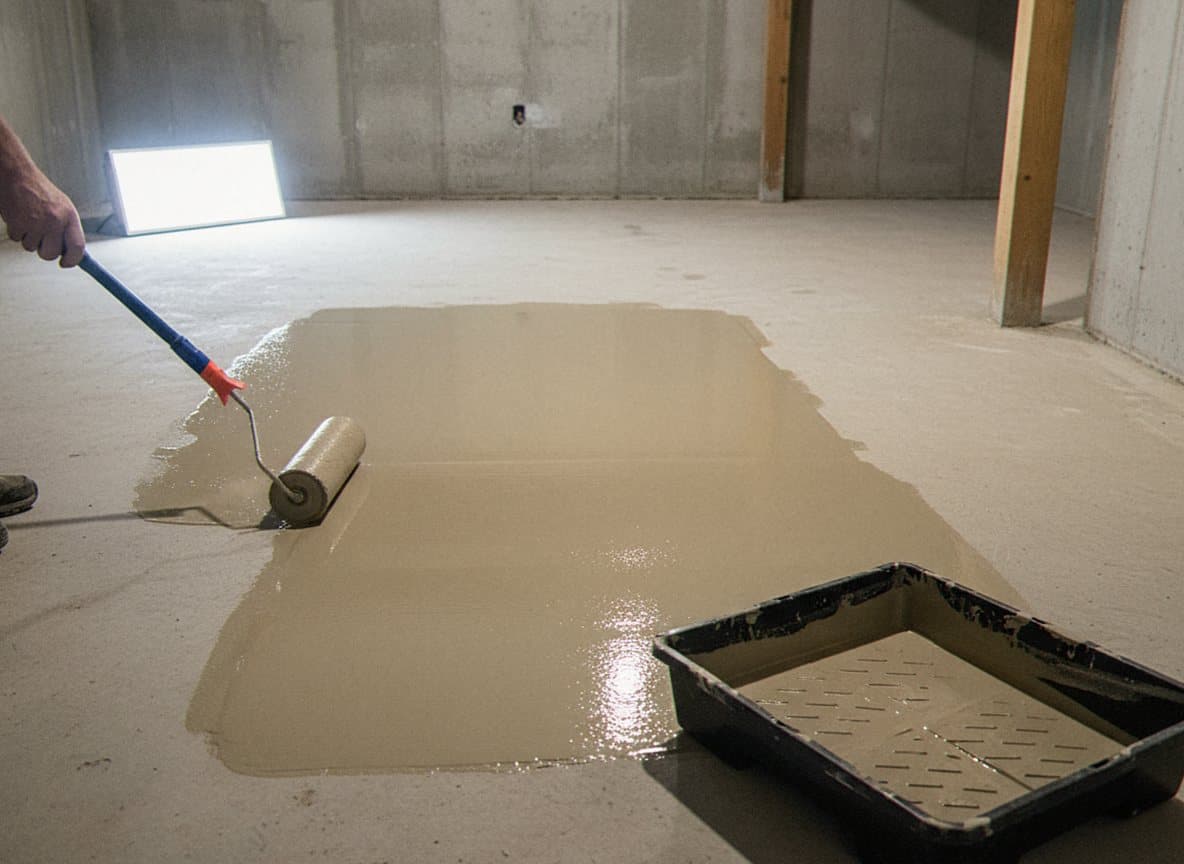 Roller pulling grey epoxy base across a basement slab.