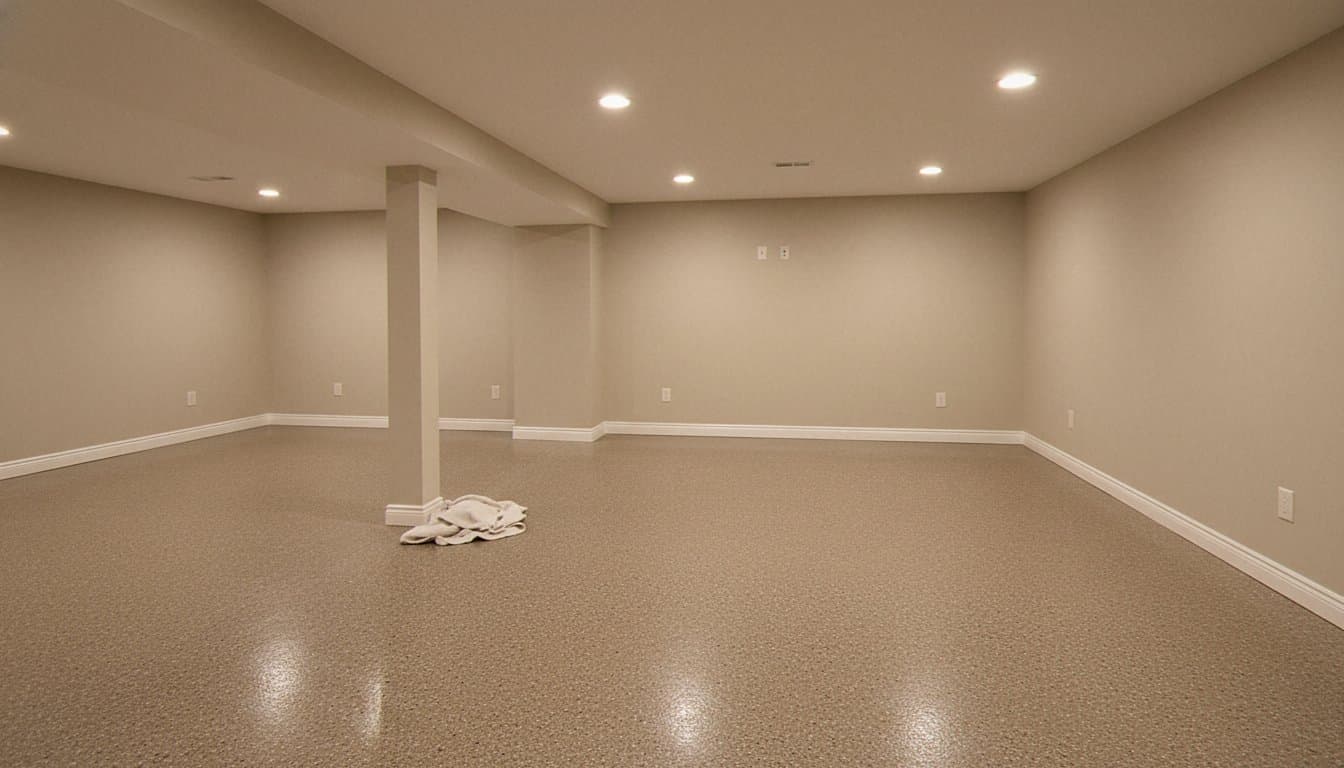 Finished empty basement with warm grey flake epoxy floor.