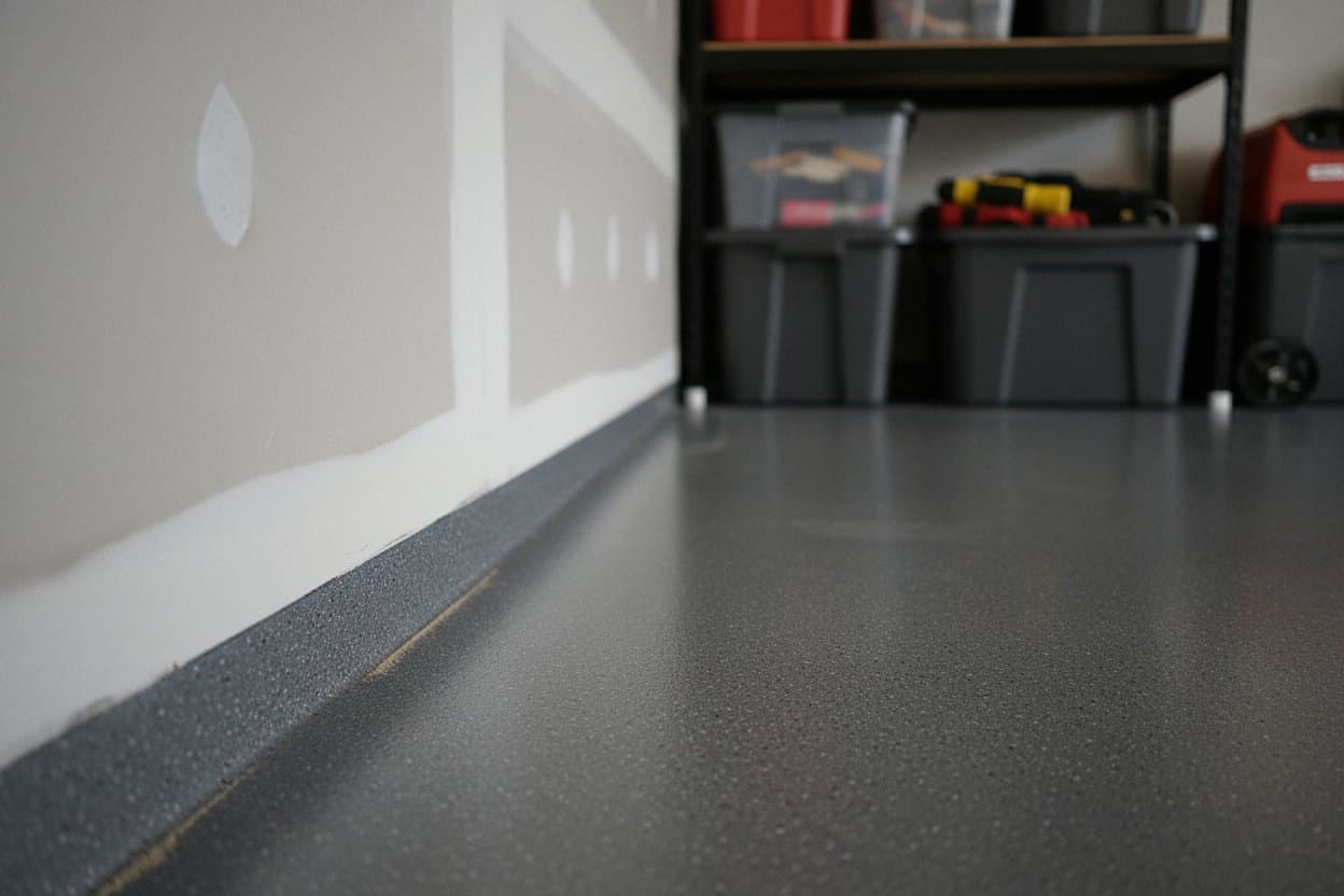Coved edge where flake epoxy floor meets garage drywall.