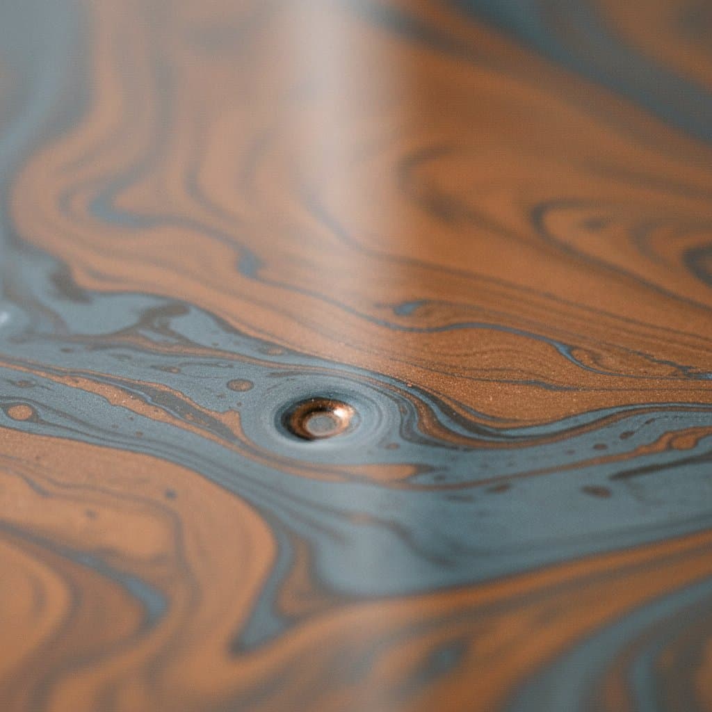 Macro of swirled copper and slate metallic epoxy.