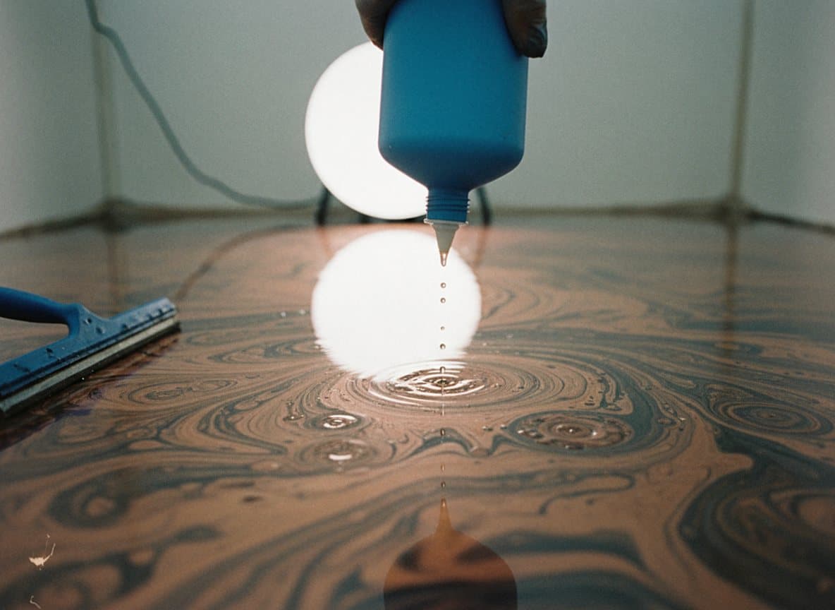 Gloved hand dripping alcohol into wet metallic epoxy pour.