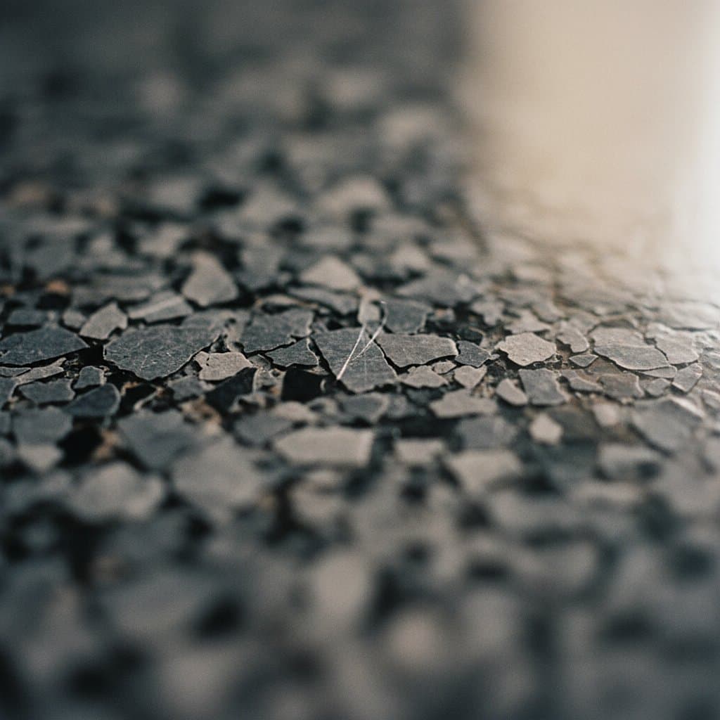 Macro of clear polyaspartic topcoat over charcoal vinyl flake.
